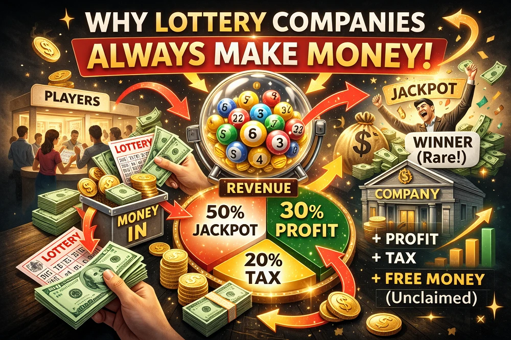 彩票公司如何通过概率和资金流动实现长期盈利的示意图
